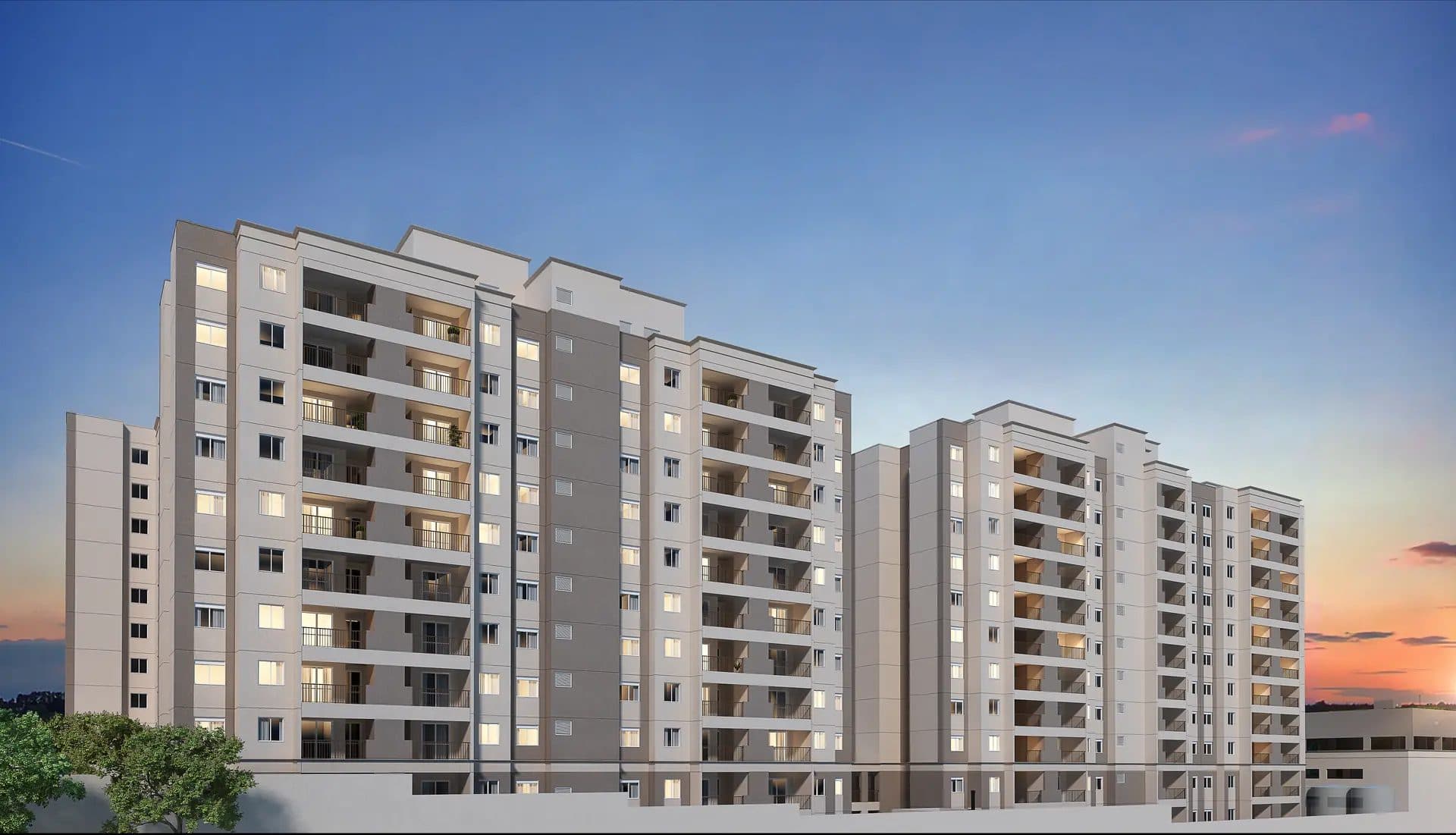 Perspectiva externa dos edifícios residenciais com varandas e acabamento em tons neutros.