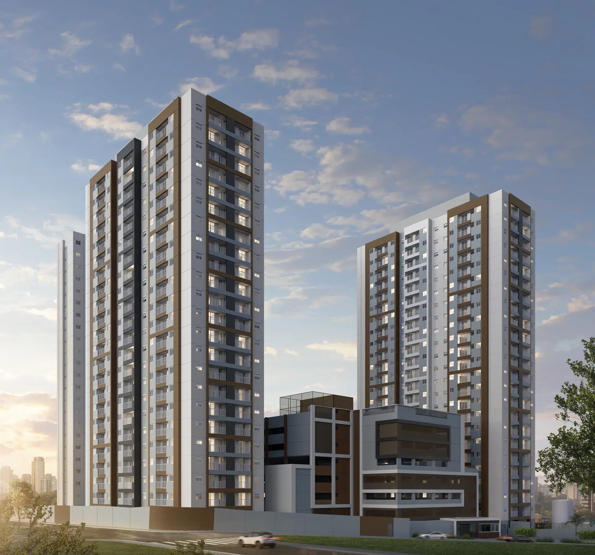 Fachada de condomínio com duas torres residenciais modernas e área de lazer térrea.